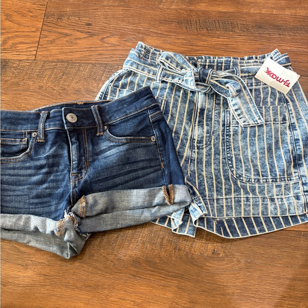 American Eagle Outfitters Dark Blue Denim & Light Blue Striped Shorts Set 0